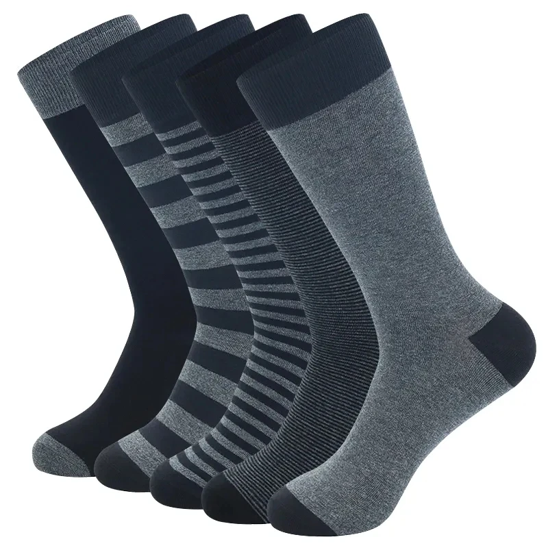 Cotton Socks 5 Pairs Large Size Fashion Business Men Stripe Black Gray Pure Size EU41-48