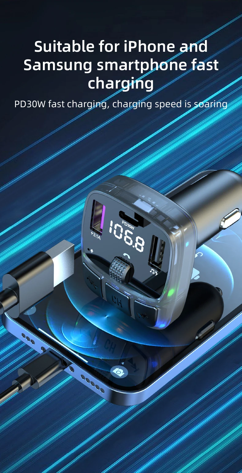 FM-трансмиттер автомобильный с двумя USB-портами, 30 Вт, Bluetooth 5,3 ...