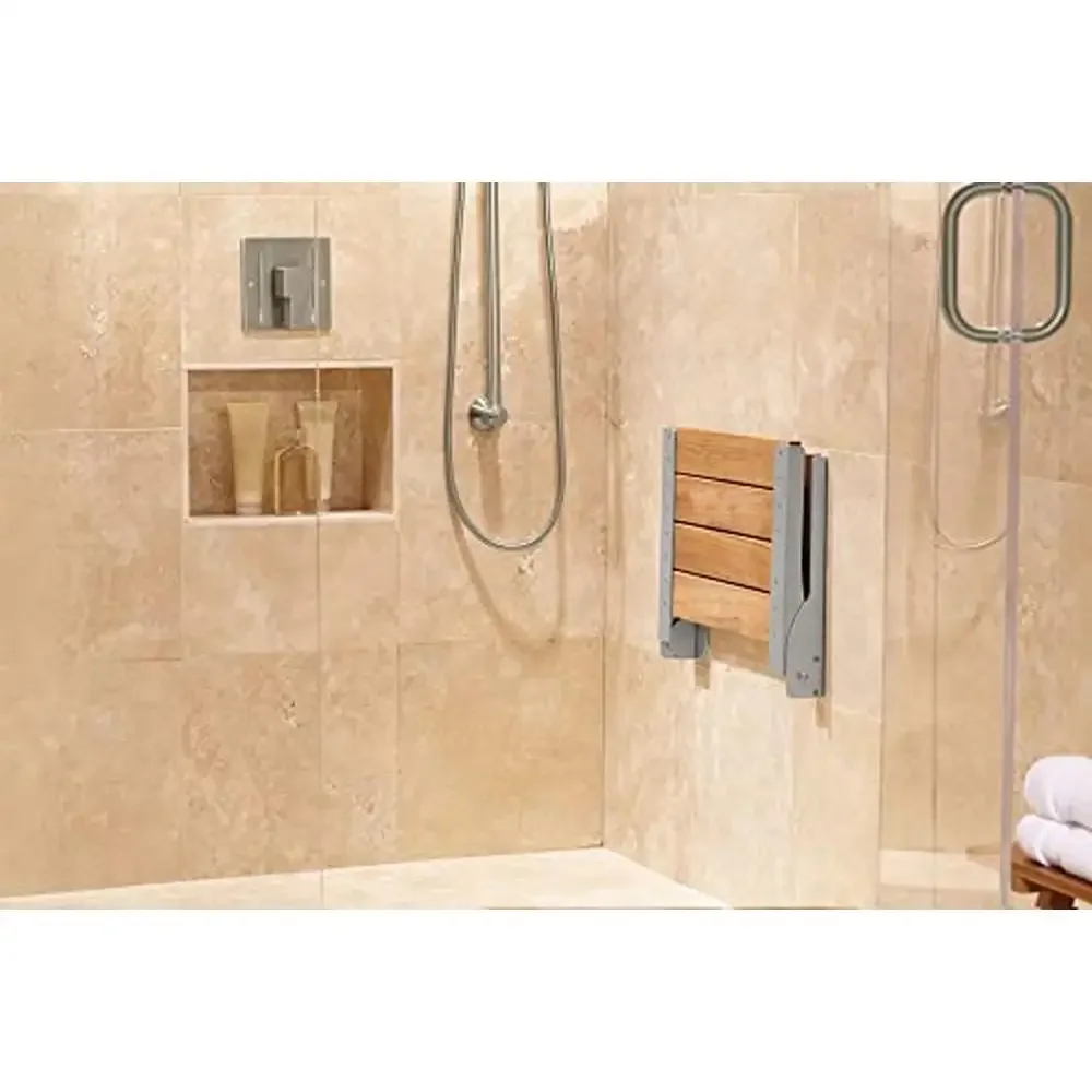 Home Care Teak Wood Aluminum Folding Shower Seat Wall Mounted Bench Bathroom Safety Furniture DN7110 Easy Installation Brushed 3