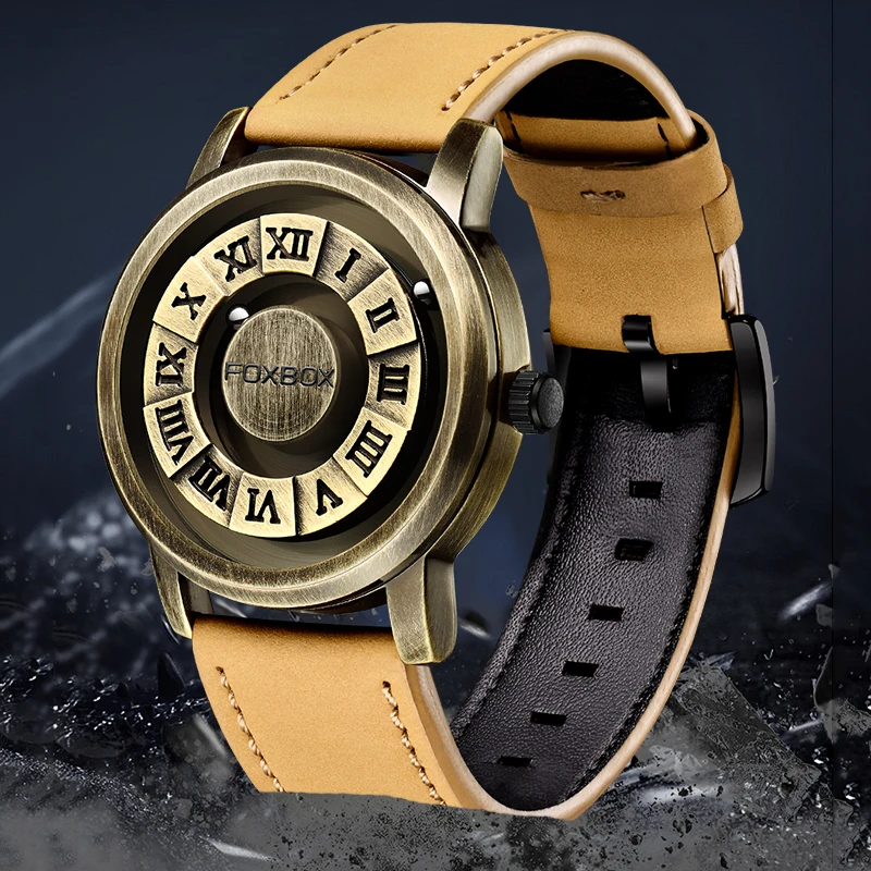 FOXBOX Fashion Leather Watch Men Creative Rolling Pointer Design Watch Men Casual Business Military Men's Quartz WristWatches
