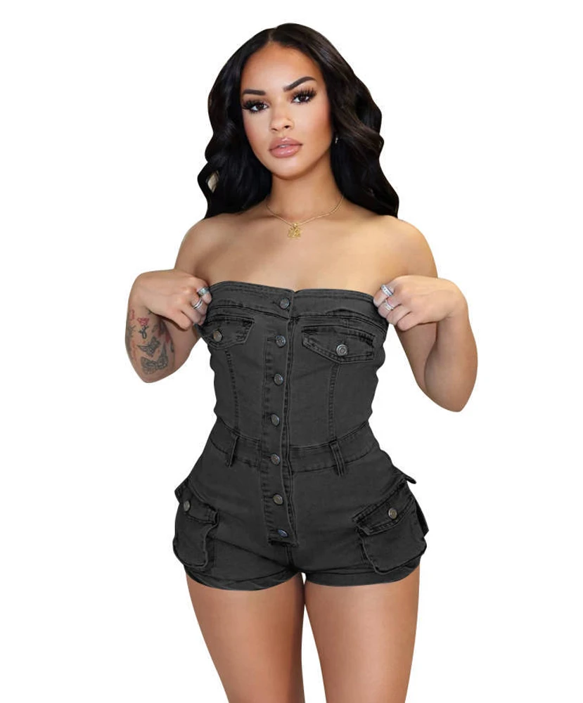 Sommer Sexy Liebsten Bodycon Denim Strampler Frau Overall Shorts Tasten Ärmellose Dünne Einteilige Kurze Cargo Jean Overalls – Detail 3