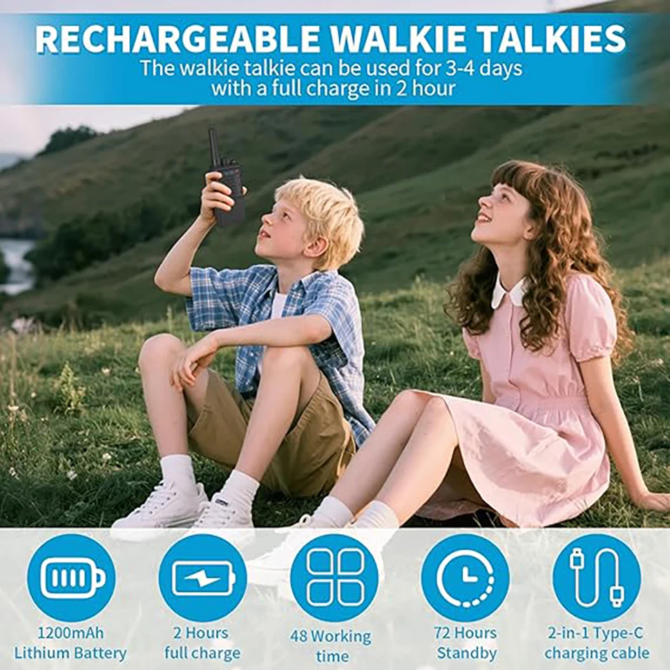 어린이용 무전기(2개) |   충전식, 3마일 거리, 1200mAh 장시간 대기 가능