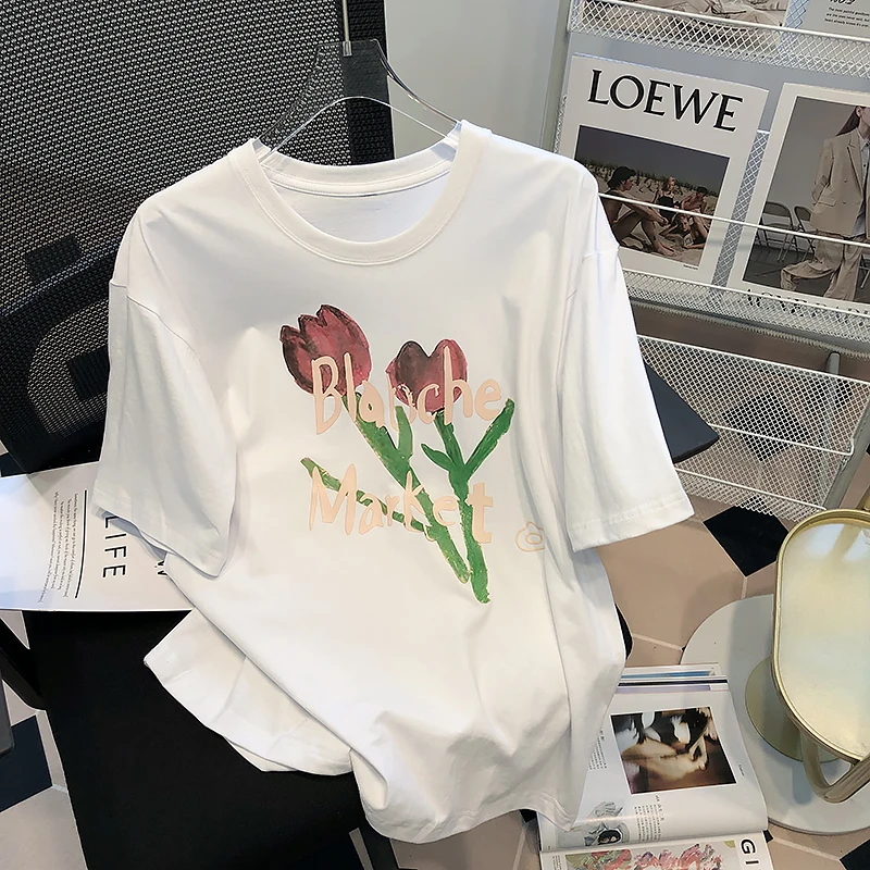 

mufeimufeitest only not for sale mufeimufei Korean Style Fashionable Vintage Rose Printed White T-shirt Short