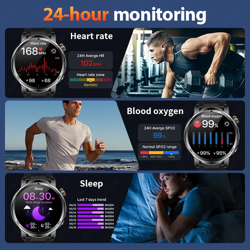 LIGE 2025 New For HUAWEI Xiaomi 1000mAh Smart Watch Men Sports Fitness SOS Distress Light LED Flashlight IP68 BT Call Smartwatch