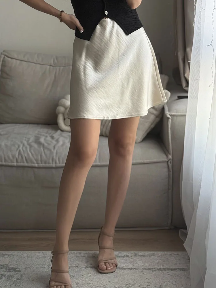 Black Satin Mini Skirts Women Summer Elegant A Line Skirt Ladies Office Beige Elastic Waist Women's Short Satin Skirt Brown 2026