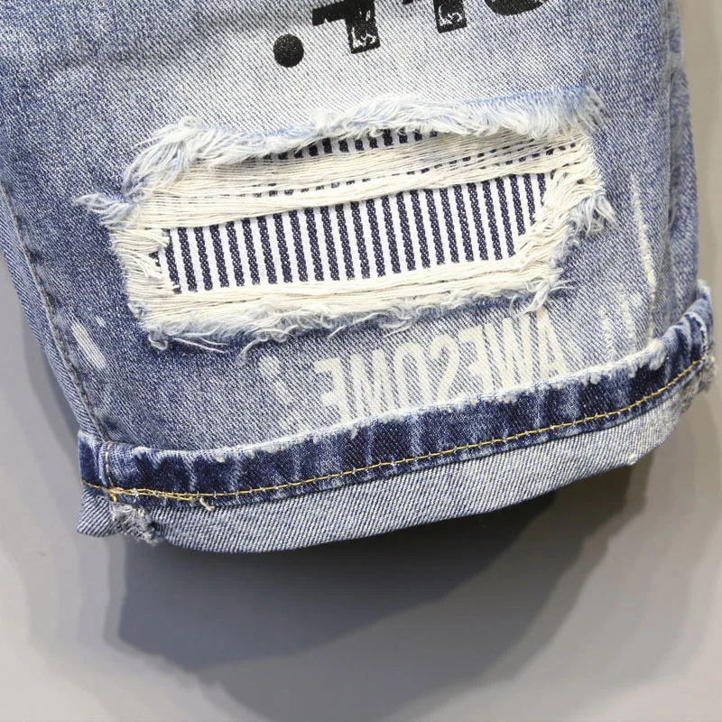Summer Ripped Hole Shorts Men's Korean Straight Micro Elastic Patch Beggar Short Pants High-end Designer Handsome Jeans