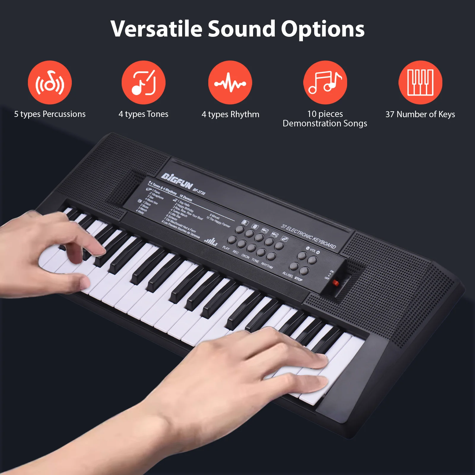 37 Key Electronic Keyboard Piano 4 Tones 4 Rhythms 10 Demos 5 Percussions Single Speaker Musical Instrument with Microphone