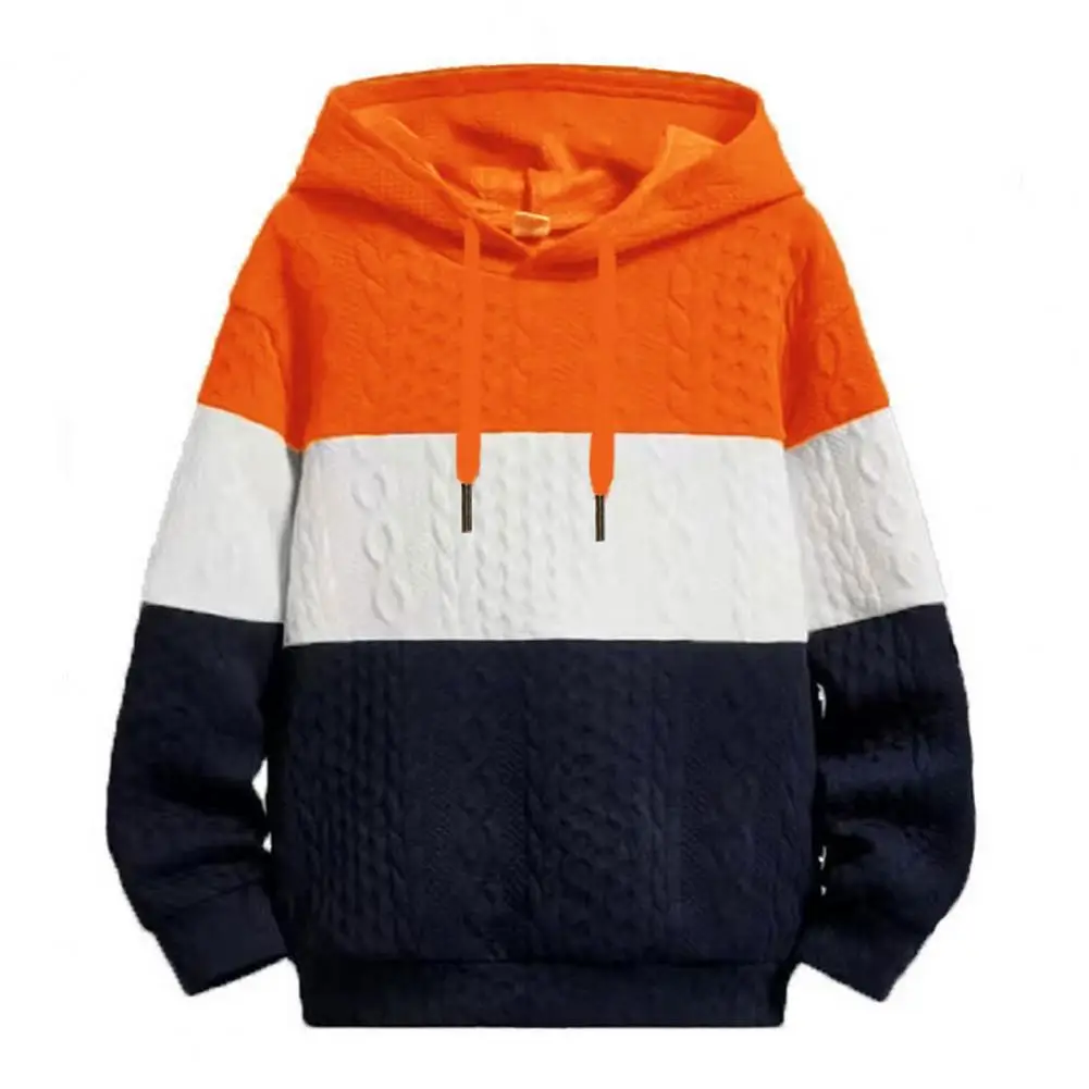 

Men Fall Winter Hoodie Drawstring Applique Colorblock Knitted Elastic Cuff Hooded Thick Warm Loose Soft Warm Casual Men Top