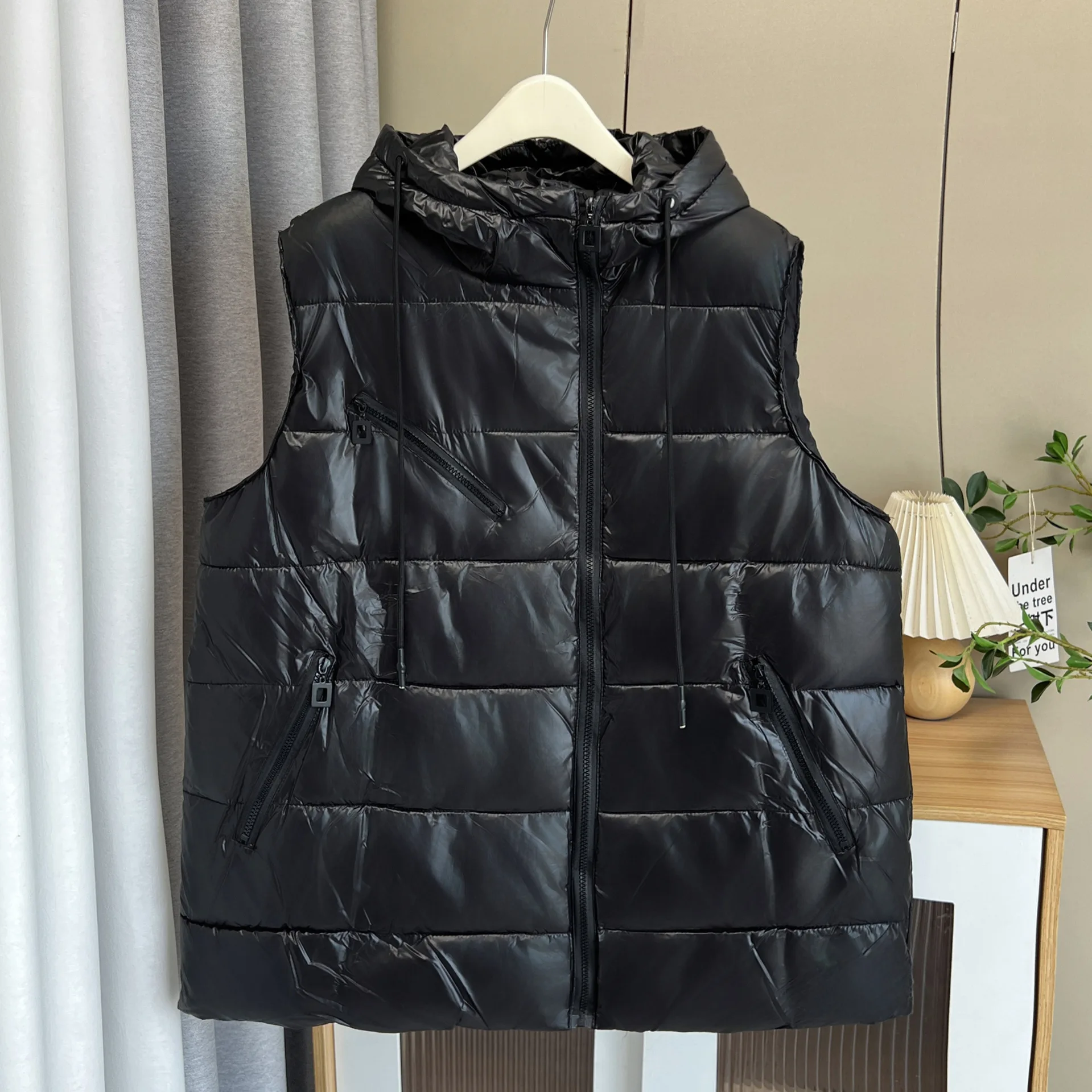 XXXXXL Fashion Plus Size Women's Parka Winter New Simple Warm Hooded Sleeveless Padded Vest Side Placket Mid Length Coat 6876