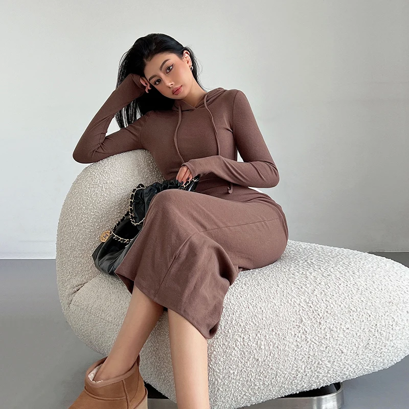 Hooded Midi Dress Women Solid Ins Casual Wrapped Streetwear Vintage Dresses 4