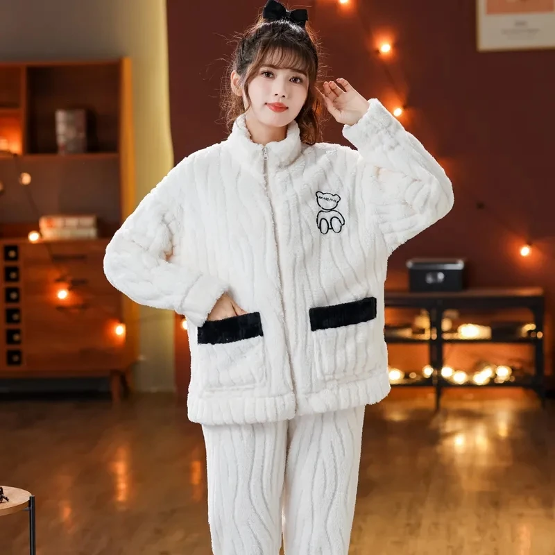 

2023 Autumn Winter Plush Thick Loungewear Coral Velvet Pajamas Women Sets High Neck Zippers Oversized Sleepwear Loose Homewear