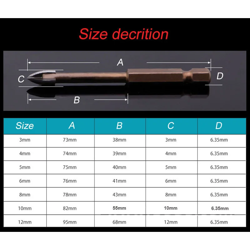 Tungsten Carbide Glass Drill Bit Set Alloy Carbide Point with 4 Cutting Edges Tile & Glass Cross Spear Head Drill Bits