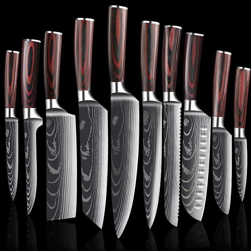 Chef Knife Set 7CR17MOV Stainless Steel Laser Damascus Pattern Japanese Kitchen Cleaver Utility Slicing Santoku Knife with Cover 