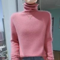 100% Pure Mink Cashmere Knitted Pullovers Women High-Neck Loose Large-size Sweater Casual Warm Tops Autumn and Winter Base Shirt - Image 2
