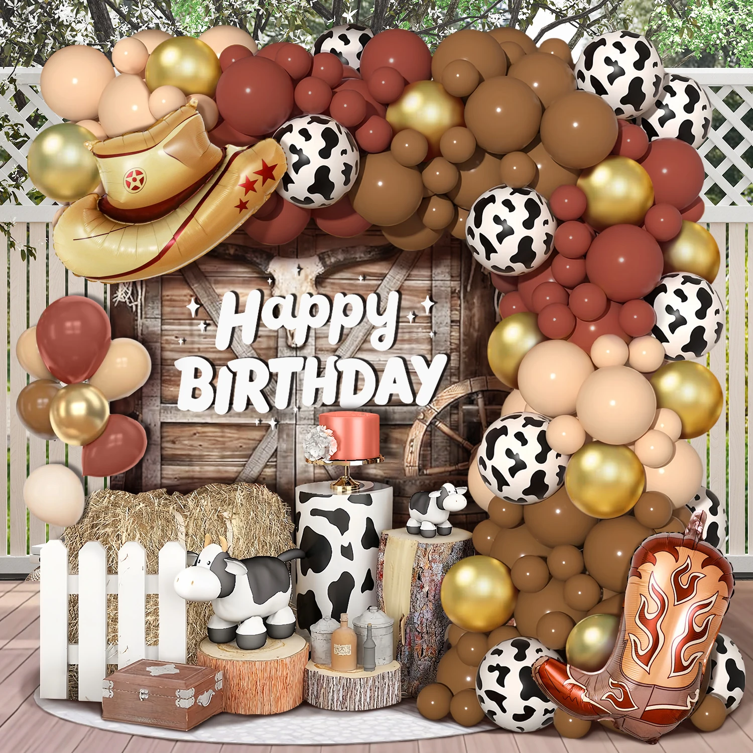 109-teiliges Western-Cowboy-Party-Ballonset, mit khaki-farbenen, kaffeebraunen und goldenen Ballons, inklusive Cowboyhut und Cowboy-Boo.