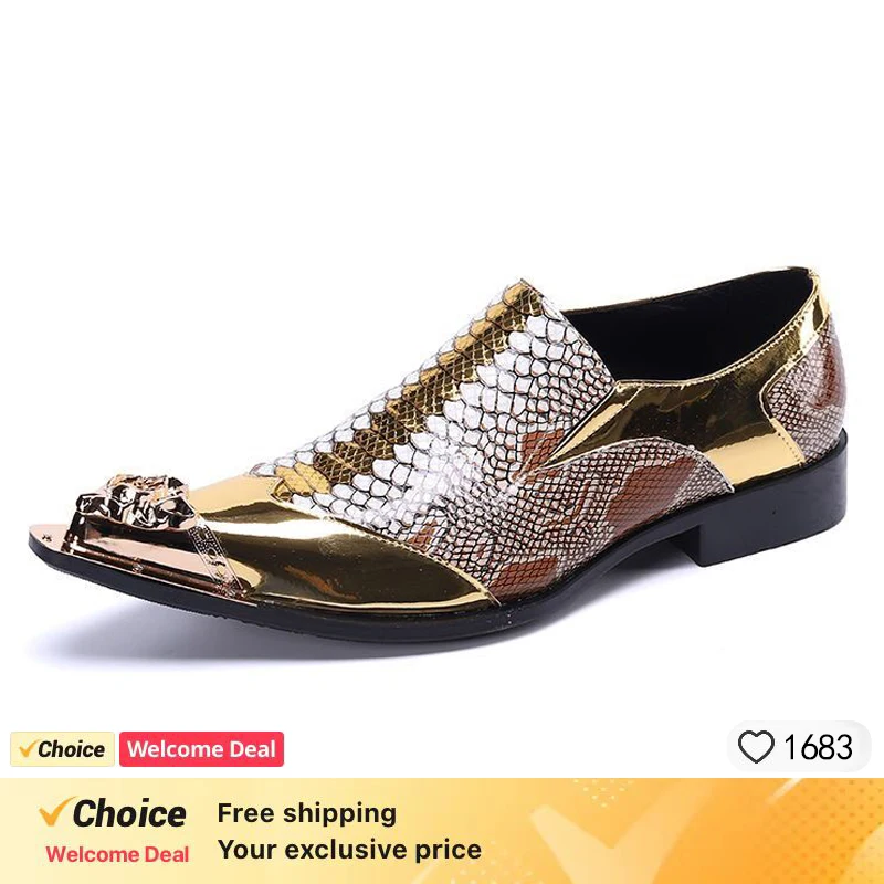 Metal Tip Genuine Leather Men Dress Shoes Snakeskin Evening Party Wedding Shoes Hairdress Sexy Gold Handmade Pointed ToeOxford