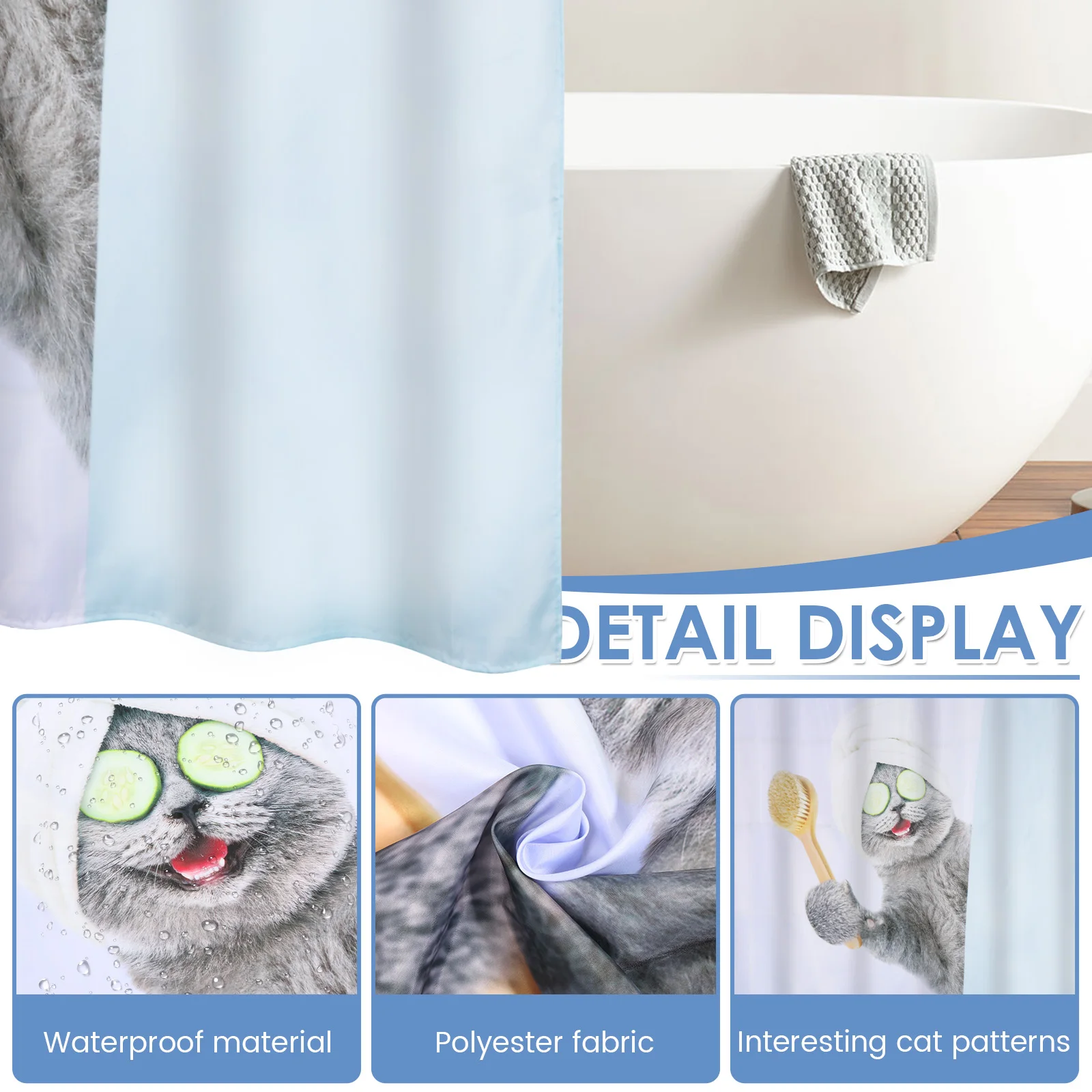 Cute Shower Curtain Polyester Waterproof Bath Curtain with 12 Hooks Funny Cat Patterns Bathroom Decoration for Home Apartment