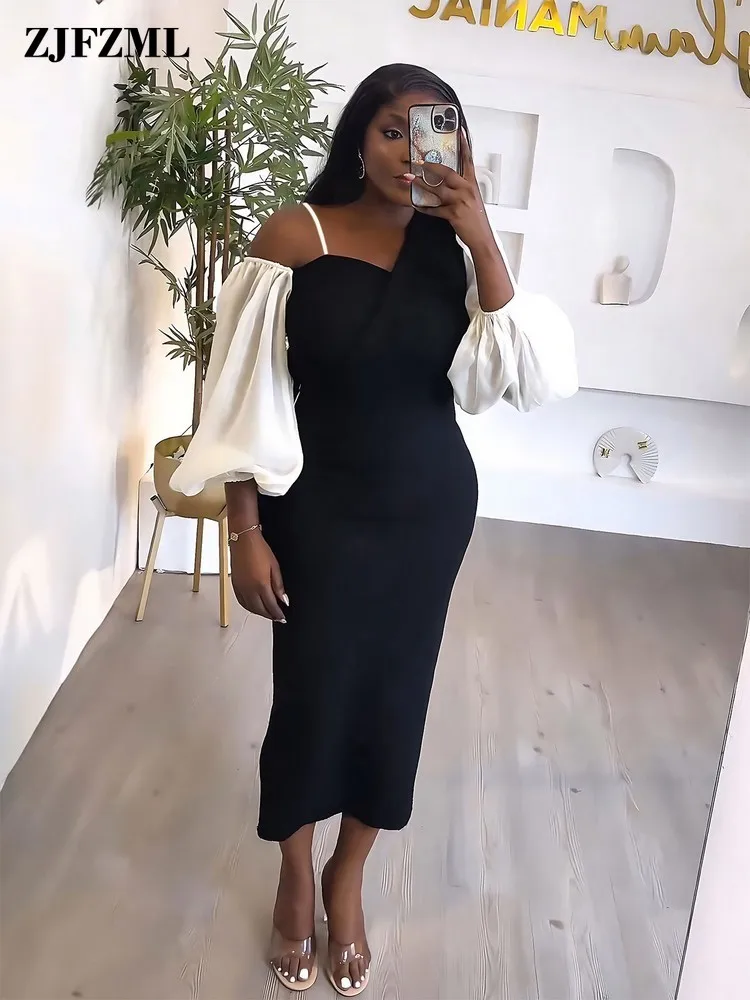 

Sexy Elegant Off The Shoulder Splice Pencil Dresses Party Club Outfits For Ladies Puff Sleeves Open Back Slim Fit Prom Vestidos