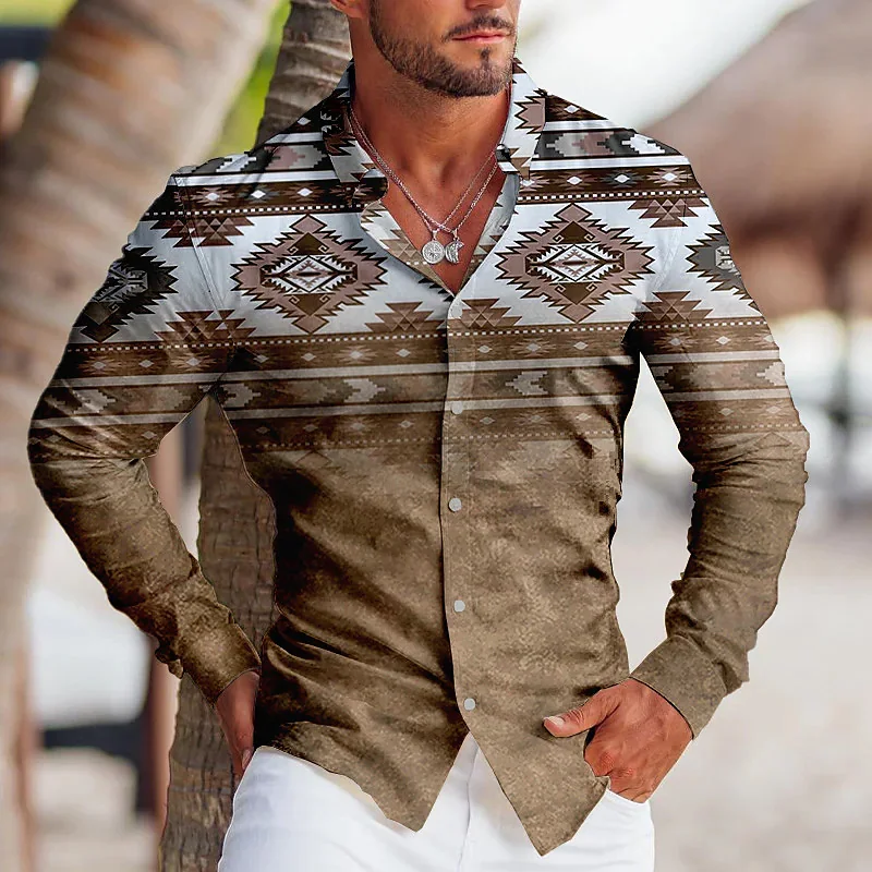 Mens Dress Shirt Men Fashion Vintage Tribal Party Clear Graphic Lapel Button Down Casual Tops