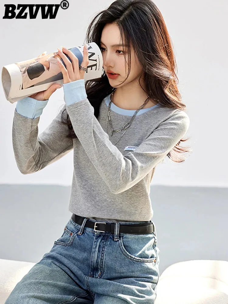 

BZVW Women Contrasting Colors Korean Version T-shirt O-Neck Long Sleeved Loose Temperament Tees Spring Summer 2024 25C0205
