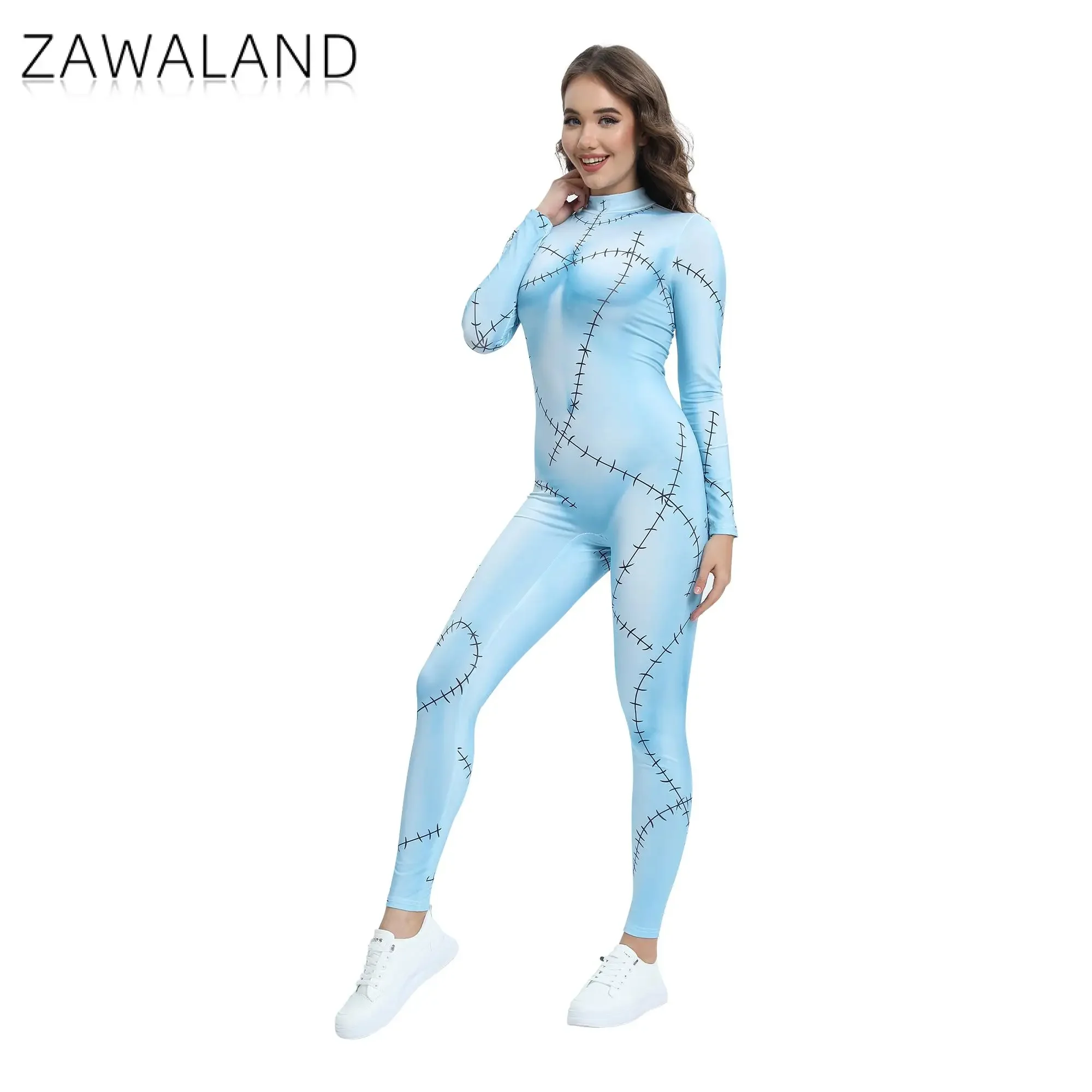 Zawaland Halloween Movie Sally Cosplay Party Horro Costume Women Slim Jumpsuit Catsuit Zentai Gothic Bodysuit