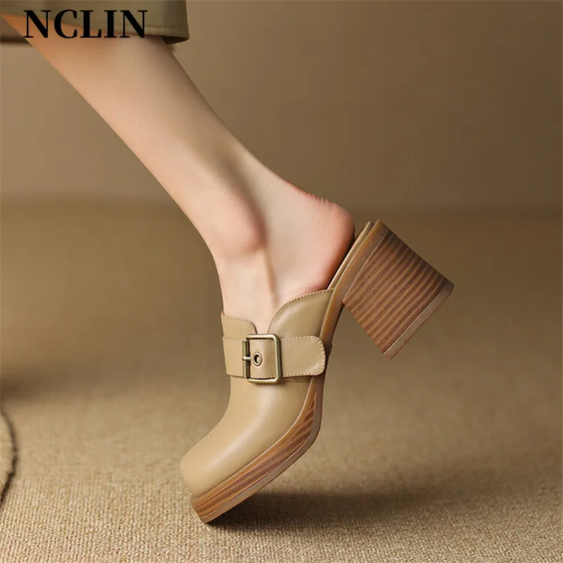 

2024 Summer Women Shoes Genuine Leather Shoes Women Belt Buckle Women Slippers Chunky Heel Shoes Square Toe Platform Slippers