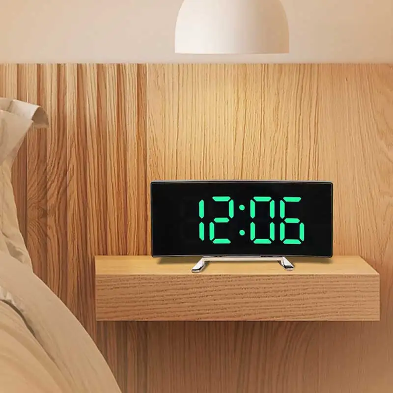 Alarm Clock Creative Curved Electronic Clock LED Large Screen Mirror Alarm Clock Students Silent Multifunctional Desktop Ornament
