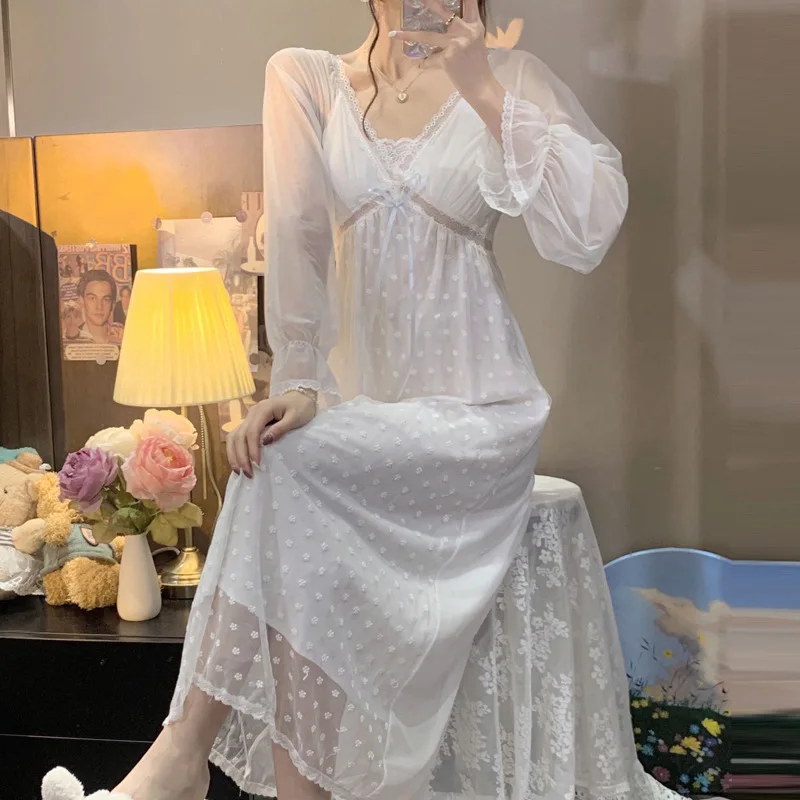 

Women's Nightgown Summer Retro Palace Style Sexy Nightdress with Breast Pad Sweet Princess Long Dress Home Skirt Lady Sleepwear