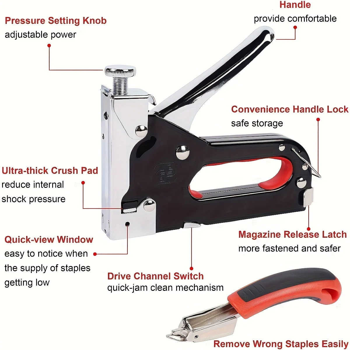 4 in 1 Staple Gun Heavy Duty with Staples Remover, Gloves, Manual Power Adjustment Stapler Gun for Wood Upholstery Carpentry DIY 5