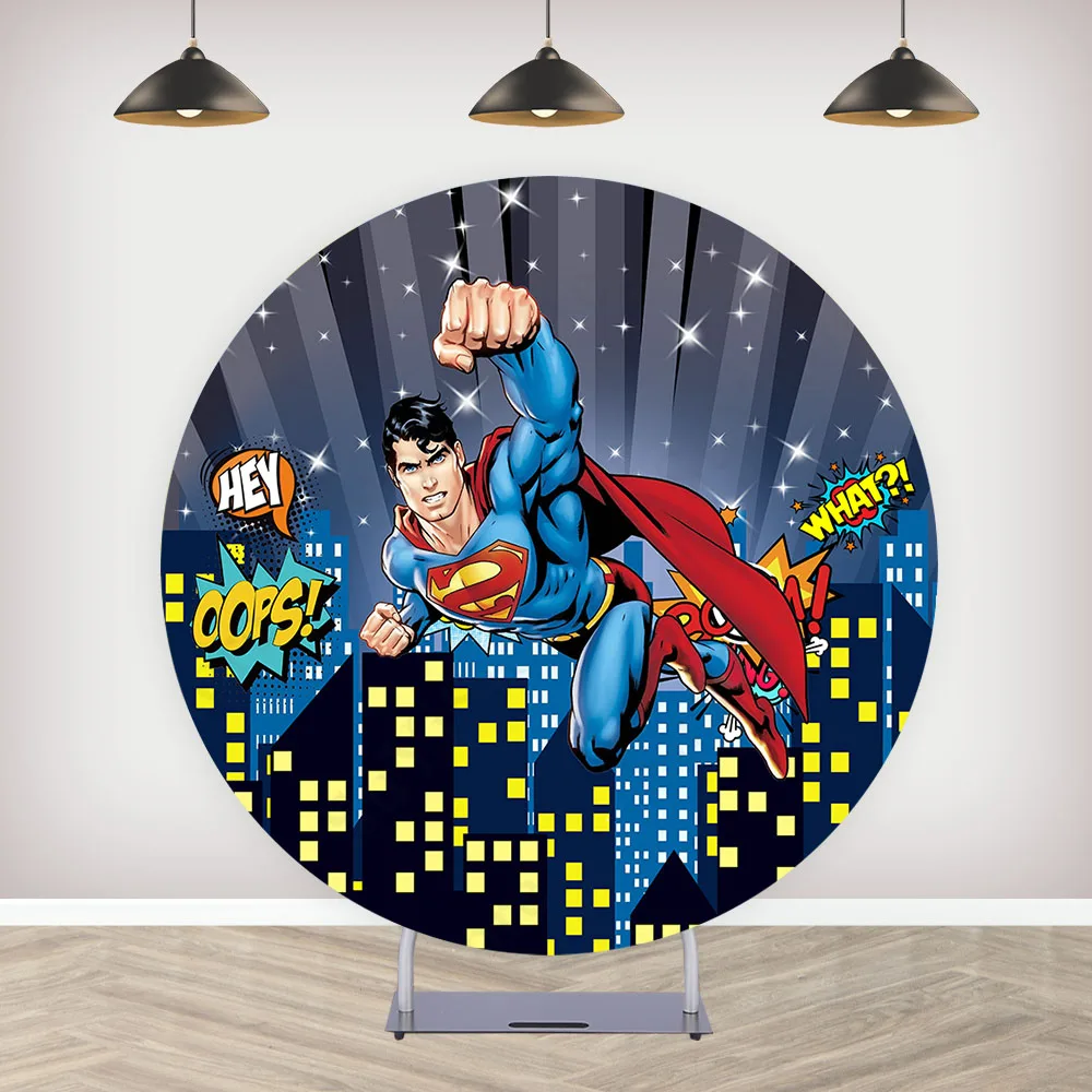 Superhero SuperMan Round Photography Backdrop Boys Birthday Party  Decoration Circle Photo Background Cylinder Covers - AliExpress, image size:1000x1000
