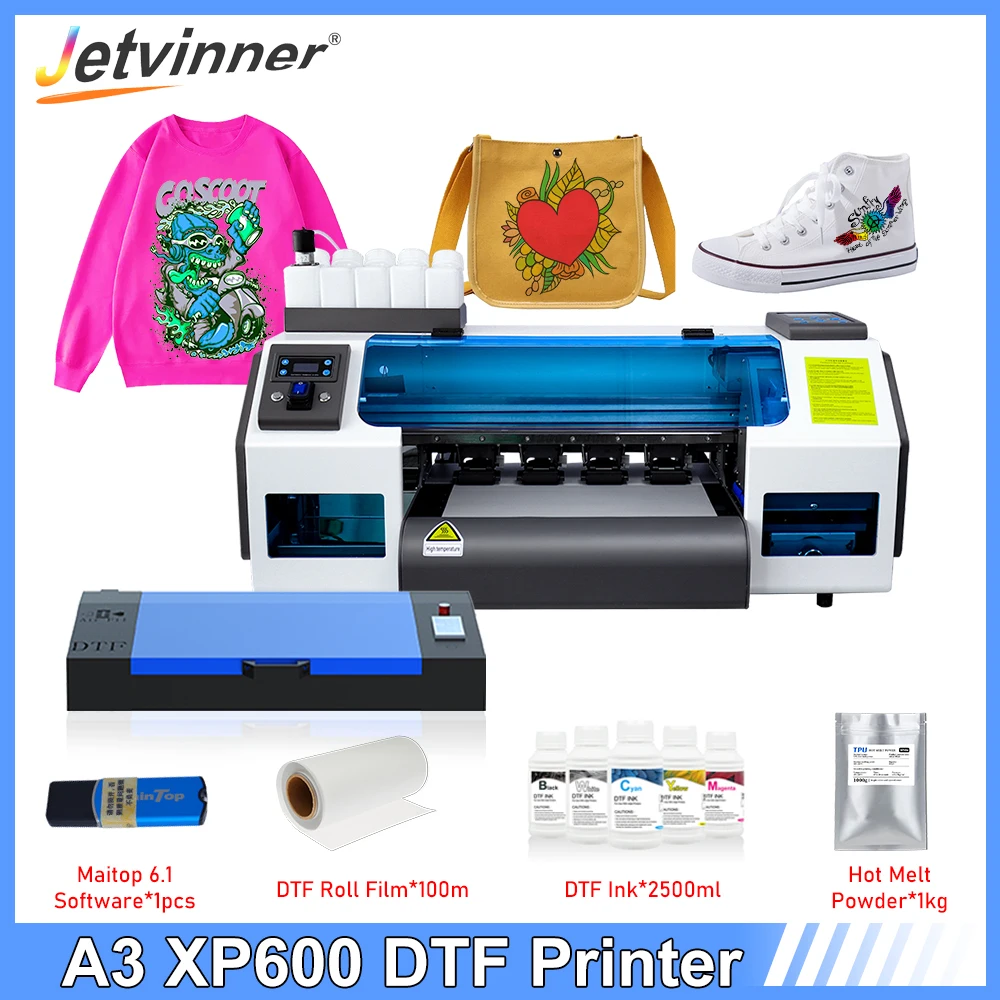  Impresora de transferencia XP600 DTF con alimentador de rollo,  máquina de impresora A3 DTF para tela, camiseta, almohada, cuero, ropa  oscura y ligera : Productos de Oficina
