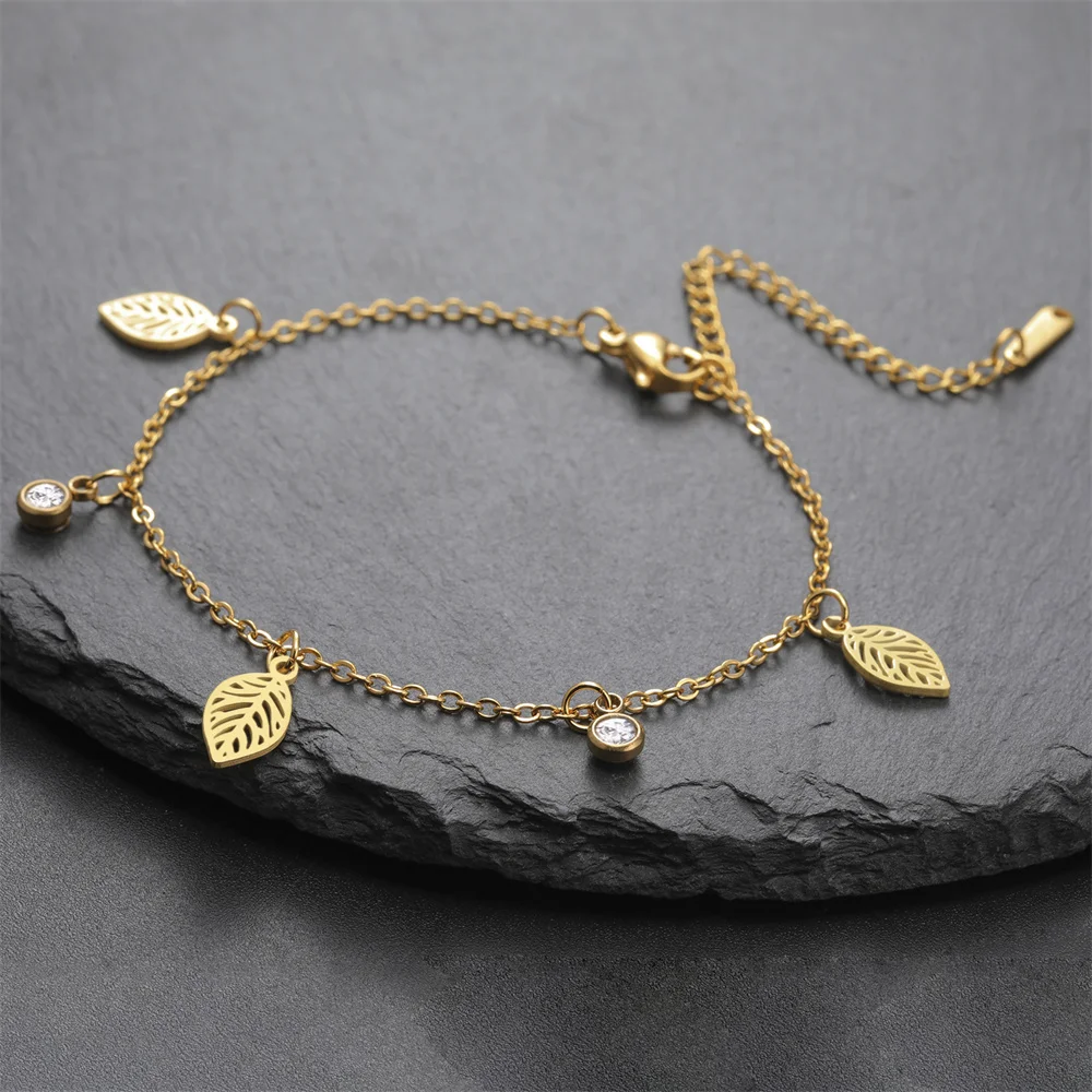 My Shape Hohle Blätter Armbänder Edelstahl für Frauen Mädchen Geschenke Pflanze Blatt Anhänger Kette Hand kette Armreif Sommers chmuck – Detail 13