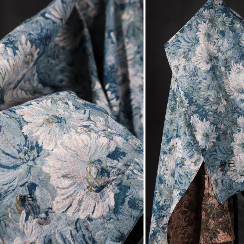 

Blue White Sunflower Oil Painting Jacquard Fabric Stiff Jacket Skirt DIY Bag Background Decoration Apparel Designer Sewing Cloth