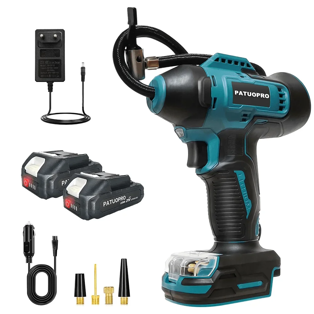 PATUOPRO cordless car tire automatic inflatable pump electric air compressor, home electric air pump with 12V car power adapter for Makita 18V battery