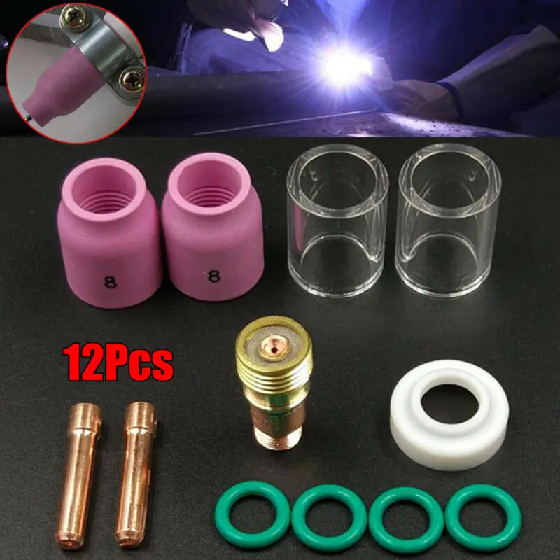 12 Pack TIG Welding Torch Accessories Stubby Gas Lens Kit Tig #10 Glass Cup Collet Nozzles Set For WP17 WP18 WP26 Welding Tools