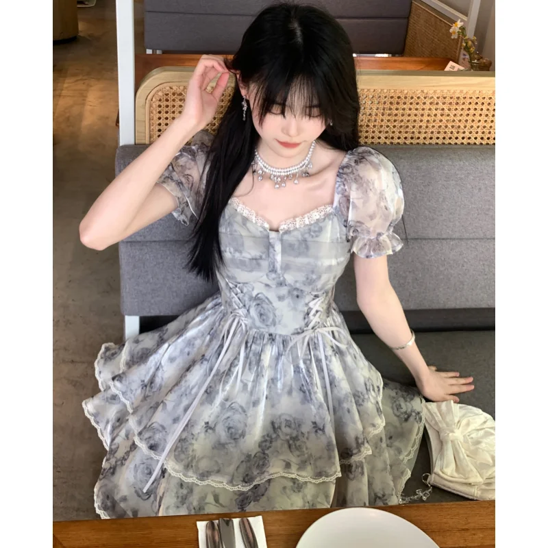 

Summer Grey Dress Womens Printing Vintage Fashion Y2K Simple Miniskirt 2023 Female Dress NEW Temperament Elegant Party Dress