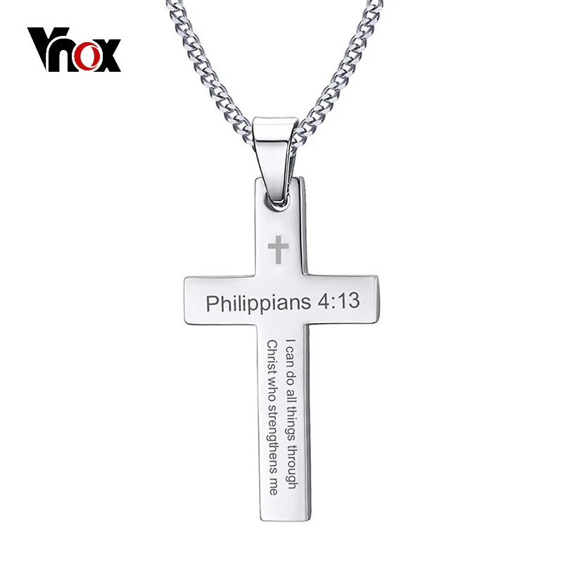 Vnox Philippians 4:13 Einfache Kreuz Anhänger für Männer Halskette Edelstahl Casual Religiöse Glauben Schmuck Männlichen Bijoux 24 "Kette