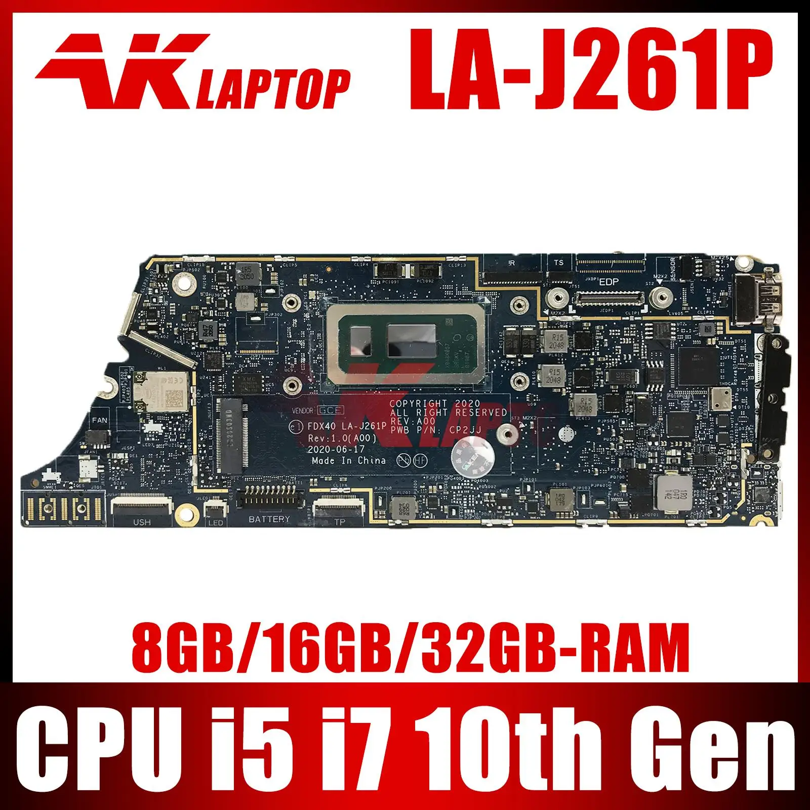 

FDX40 LA-J261P For DELL Latitude 7410 Laptop Mainboard 0FDX40 00N7RN i5 i7 10th Gen 0GYV1X 0XF8WR 8/16/32GB Notebook Motherboard
