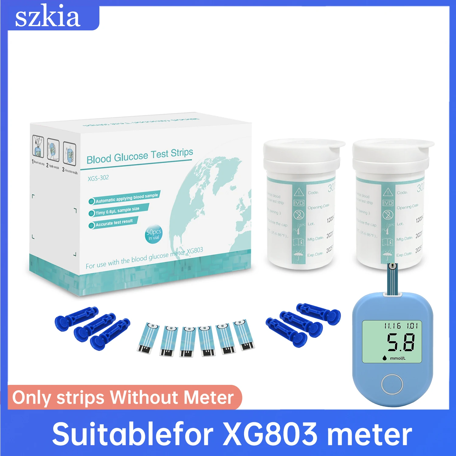 Test Strip Lancets Kit Blood Glucose Meter No Code Sugar Test Machine SZKIA XG-803 50pcs/100pcs/200pcs