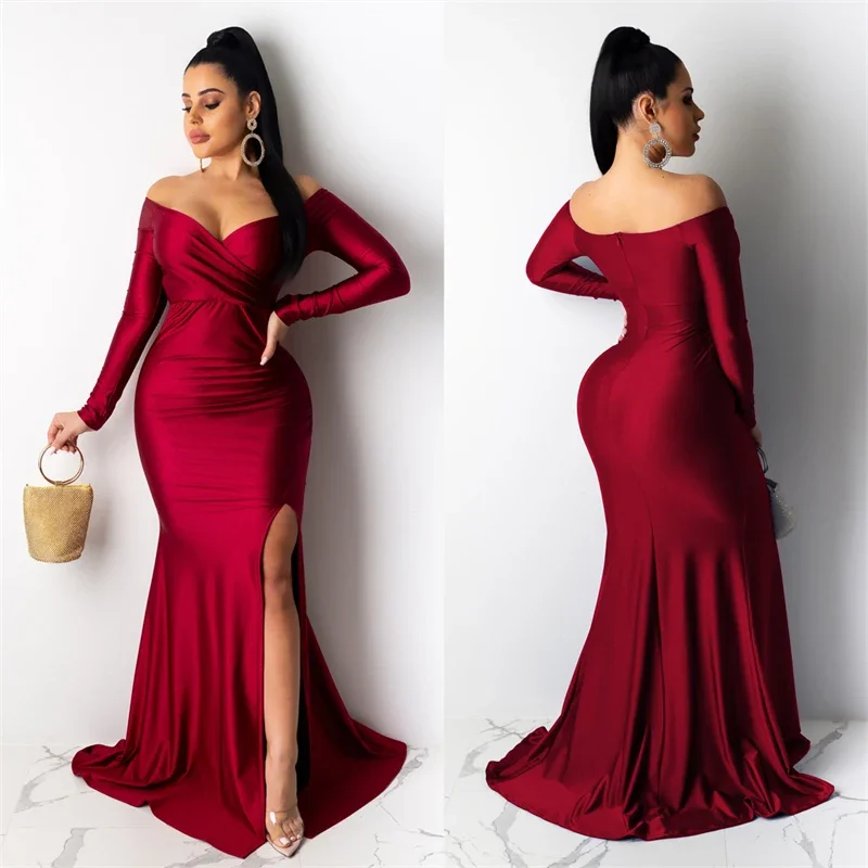 thumbnail image 1 of Vestidos de noche formales sexys con hombros descubiertos y escote oblicuo para mujer, vestidos largos de sirena con abertura y manga larga para fiestas nocturnas y clubes nocturnos, 1 of 5
