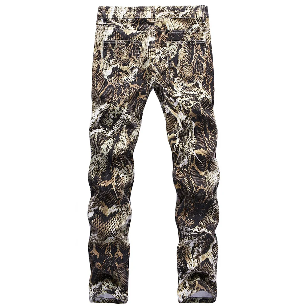 Sokotoo 남성용 뱀 가죽 프린트 청바지, 슬림 컬러 스트레치 데님 팬츠, 패션