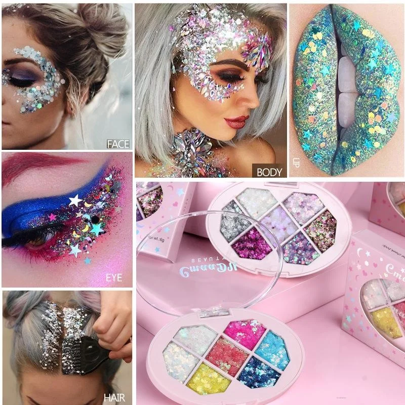 7 barvivo obličej glittery diamant flitry eyeshadow pět špičaté hvězda úlomek luna eyeshadow shimmer barvicí prostředek obočí líčení barevná paleta