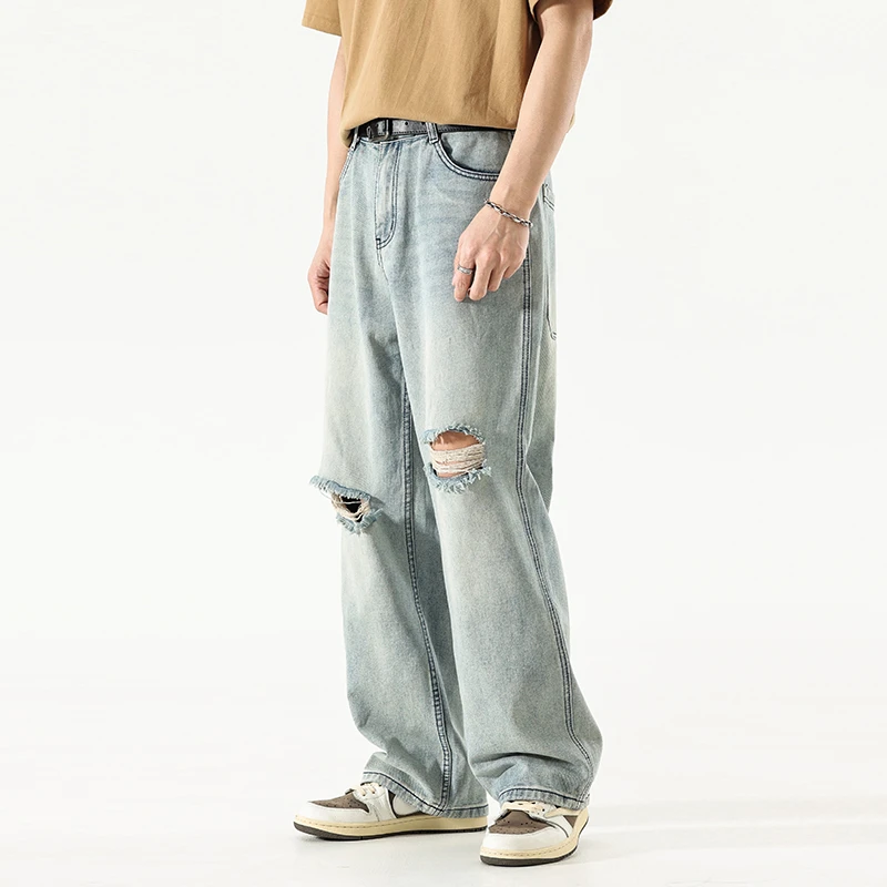 CUMUKKIYP Ripped Baggy Jeans For Men Summer Y2K Streetwear Casual  Solid Youth Hole Denim Straight Trousers