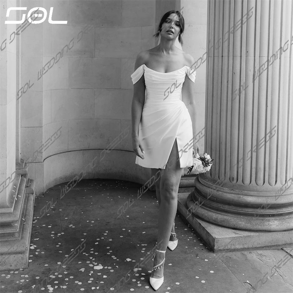 SOL-Mini Vestidos De Noiva De Cetim Com Fenda Lateral, Fora Do Ombro, Vestidos De Noiva Sem Costas, Simples Robes De Cetim, Bainha