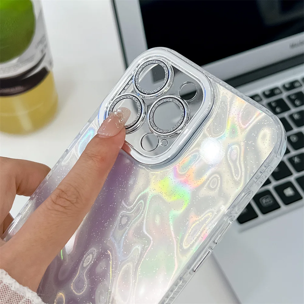 Custodia per telefono con glitter plissettato e increspature dell'acqua abbaglianti per iPhone 16 15 14 13 Pro Max, protezione per obiettivo lucido, antiurto, con retro glitterato_voghion.com