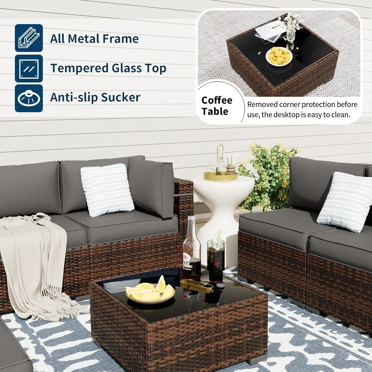 UDPATIO Patio Furniture Sets, Modular Rattan Outdoor Patio Sectional Furniture Sofa Set, Wicker Conversation Set