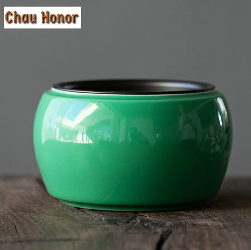 260ml Retro Okra Green Glaze Ceramic Tea Residue Jar Household Tea Garbage Can Tea Residue Bucket Kung Fu Teaset Accessories