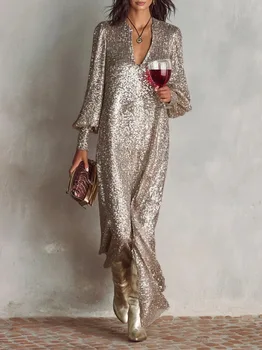 Elegant Women's Evening Dress Solid Deep V-neck Sequined Lantern Sleeves Long Gown Autumn Winter Sexy Dinner Party Dresses 1