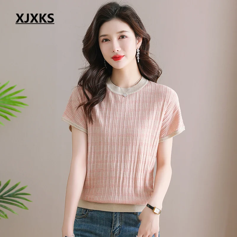 

XJXKS 2023 Summer New Mulberry Silk Knit Short-sleeved Tops Women's T-shirt Round Neck Comfortable Casual Temperament Clothing