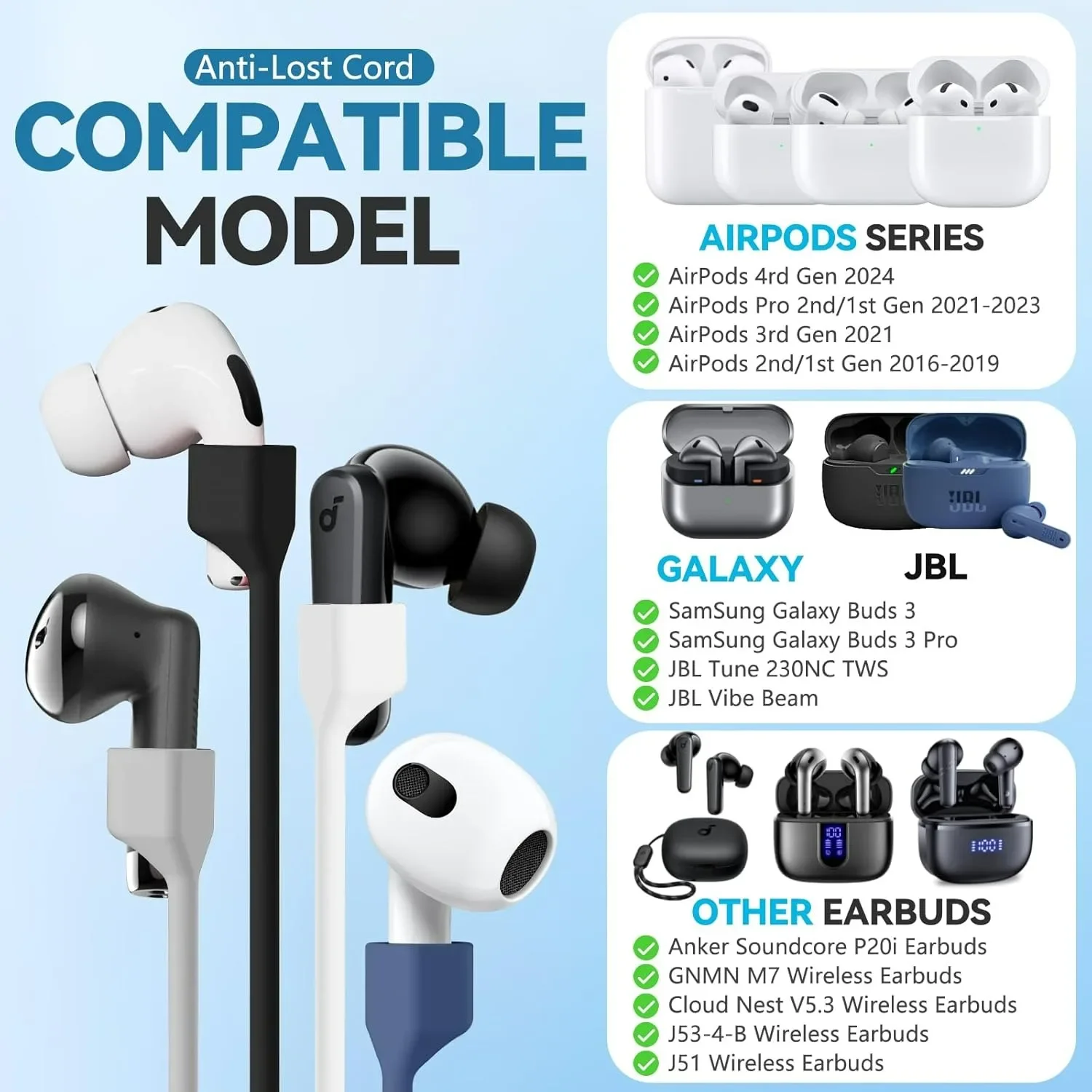 50/70cm Earphone Strap for AirPods Pro Anti-Lost Sports Neck Rope Cord for AirPods 4rd 1st 2nd Anti-Slip Silicone Sports Lanyard